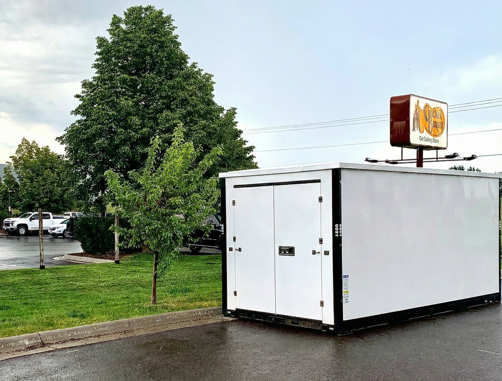 image of a portable storage in moorpark container placed in a parking lot outside of restaurant