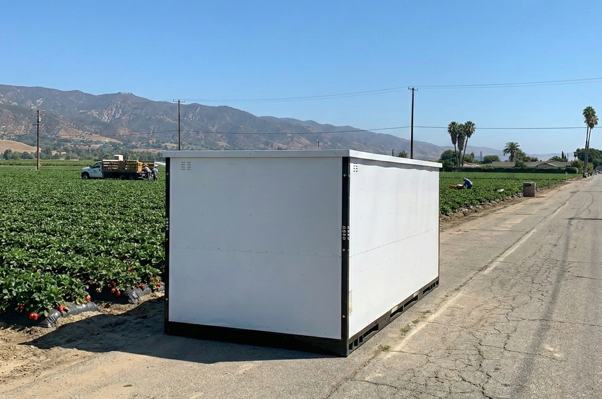 image of a white portable storage in oxnard container placed in a field for on site agriculture storage