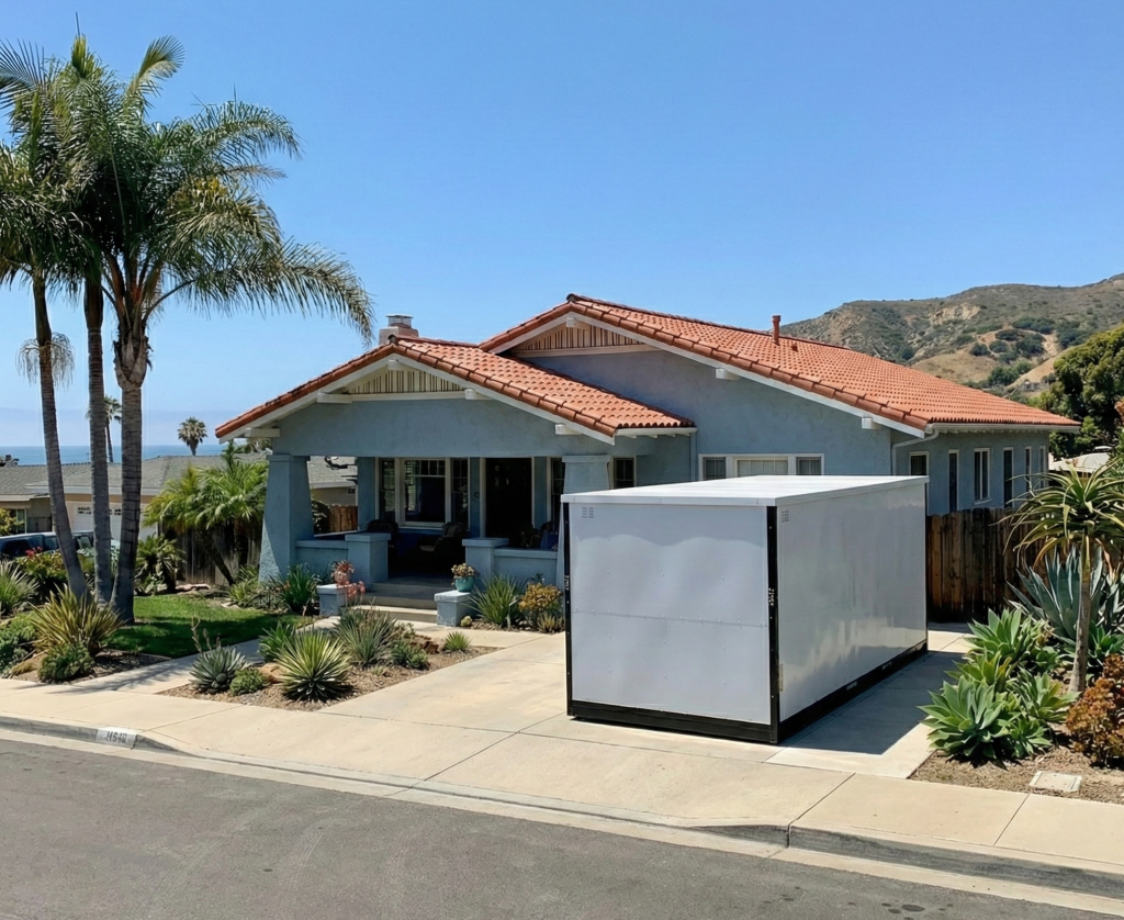Exterior shot of single family home with a portable storage in ventura container out front